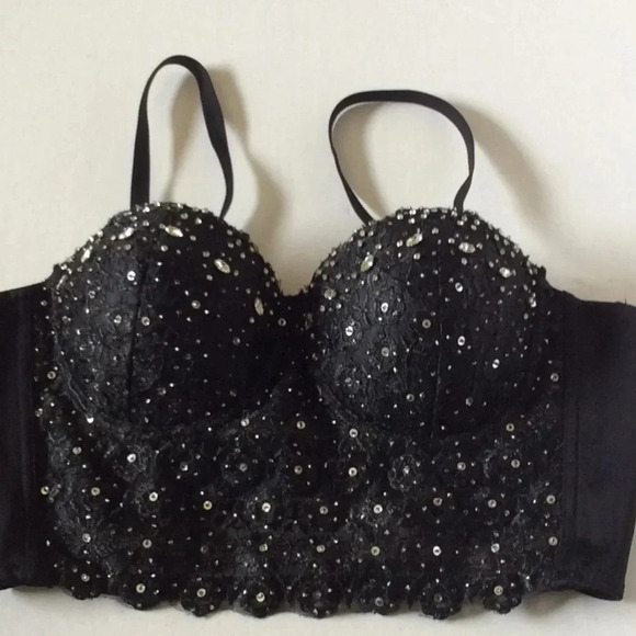 Black Sequined Bra Top w/ Removable Straps Medium - Picture 2 of 6